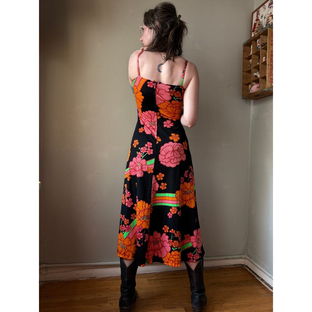 Vintage 60s Floral Maxi Dress | Mod Psychedelic Black Pink Orange Sundress | S - Picture 6 of 10